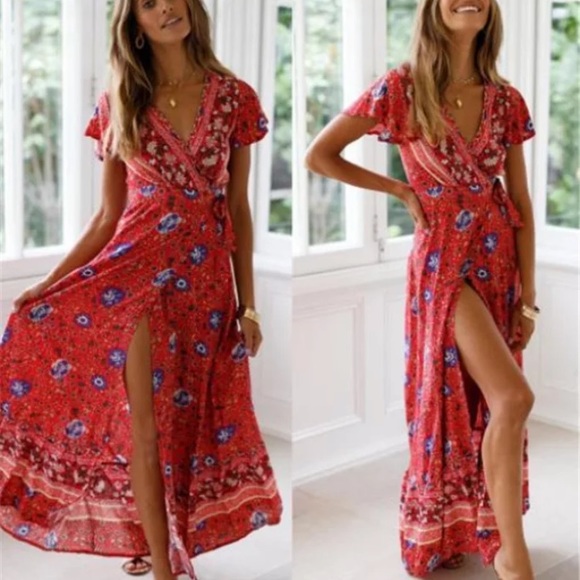 Chic Nation Red Floral Wrap Maxi Dress - Picture 3 of 4